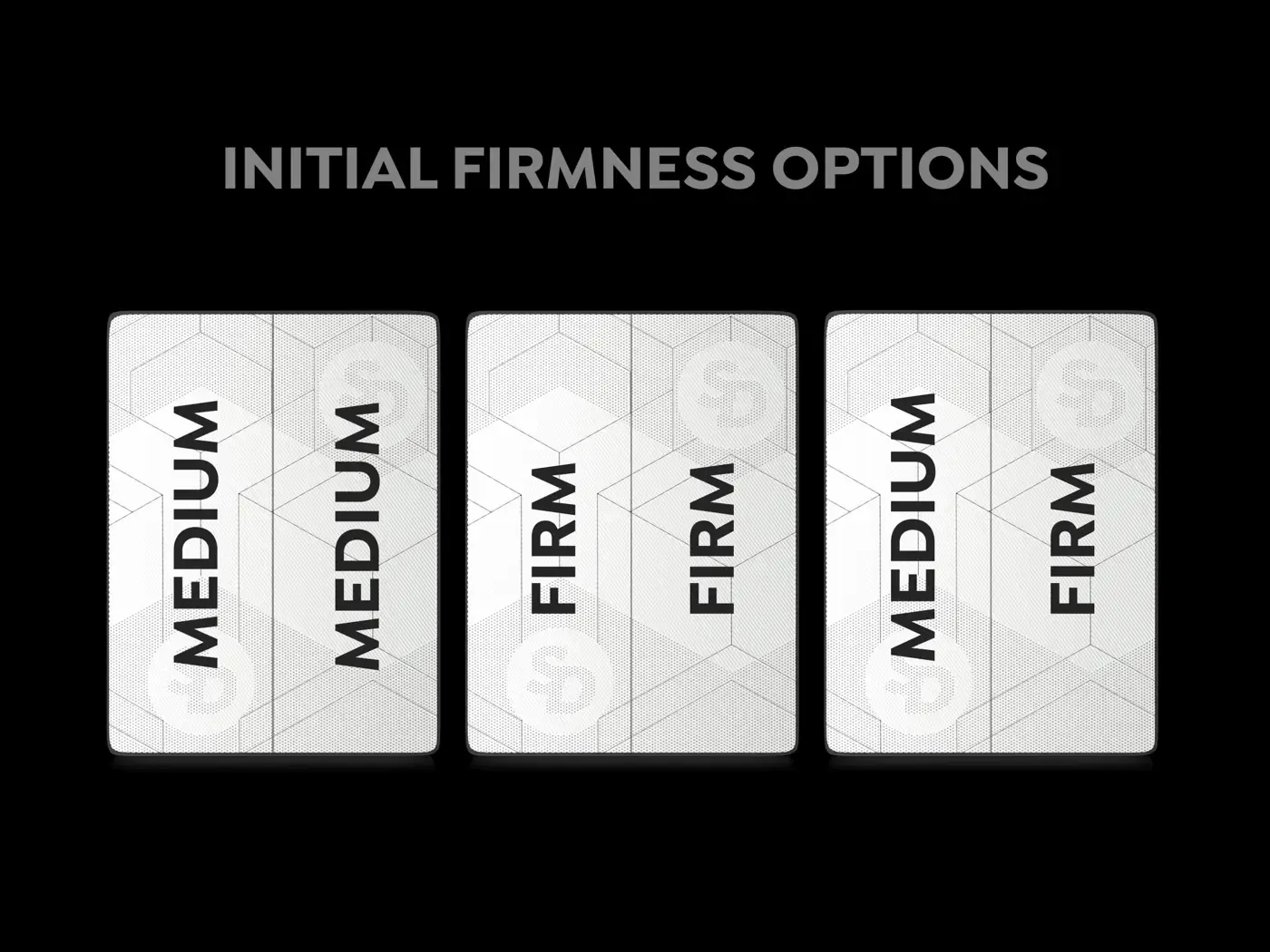Sleeping Duck's initial firmness options shown as three split mattresses: medium on both sides, firm on both sides, or medium on one side and firm on the other.