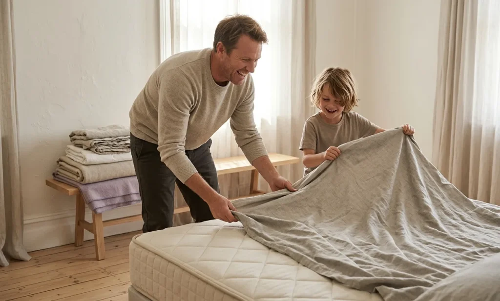 A man and a young boy laugh as they shake out a grey linen sheet over a bare quilted mattress, with folded linen and a lavender wool blanket on an oak bench behind them.