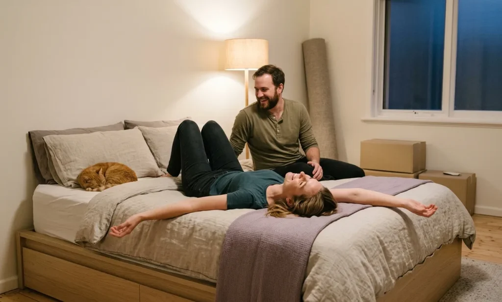 A woman lies back across a newly made bed with her arms flung wide, laughing, while her partner sits beside her and a ginger cat sleeps on the pillows; unopened moving boxes stand against the wall.