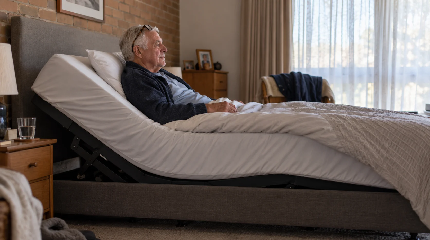 An older man sitting up in bed on an adjustable base with the head section raised and the mattress bending with it