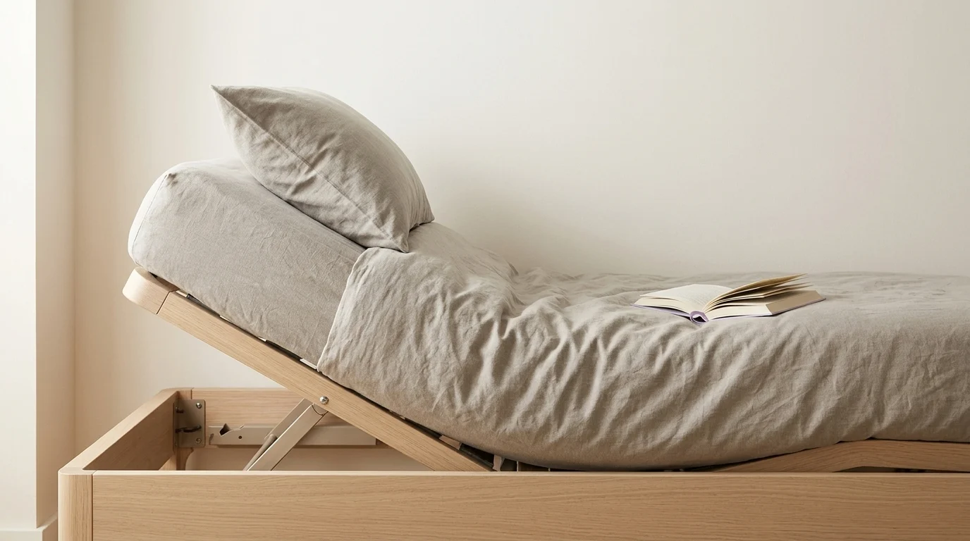 A mattress on an adjustable base with the head section raised, an open book resting on the covers