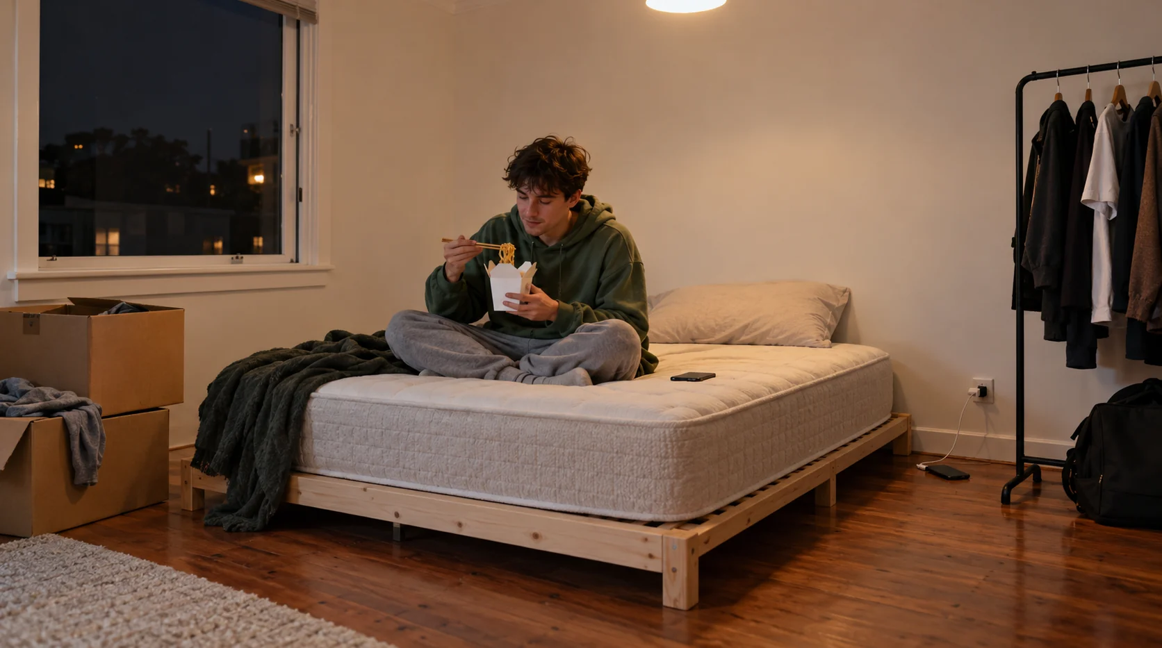 A young man eating takeaway noodles cross-legged on a new mattress on a low pine bed base in a half-unpacked room