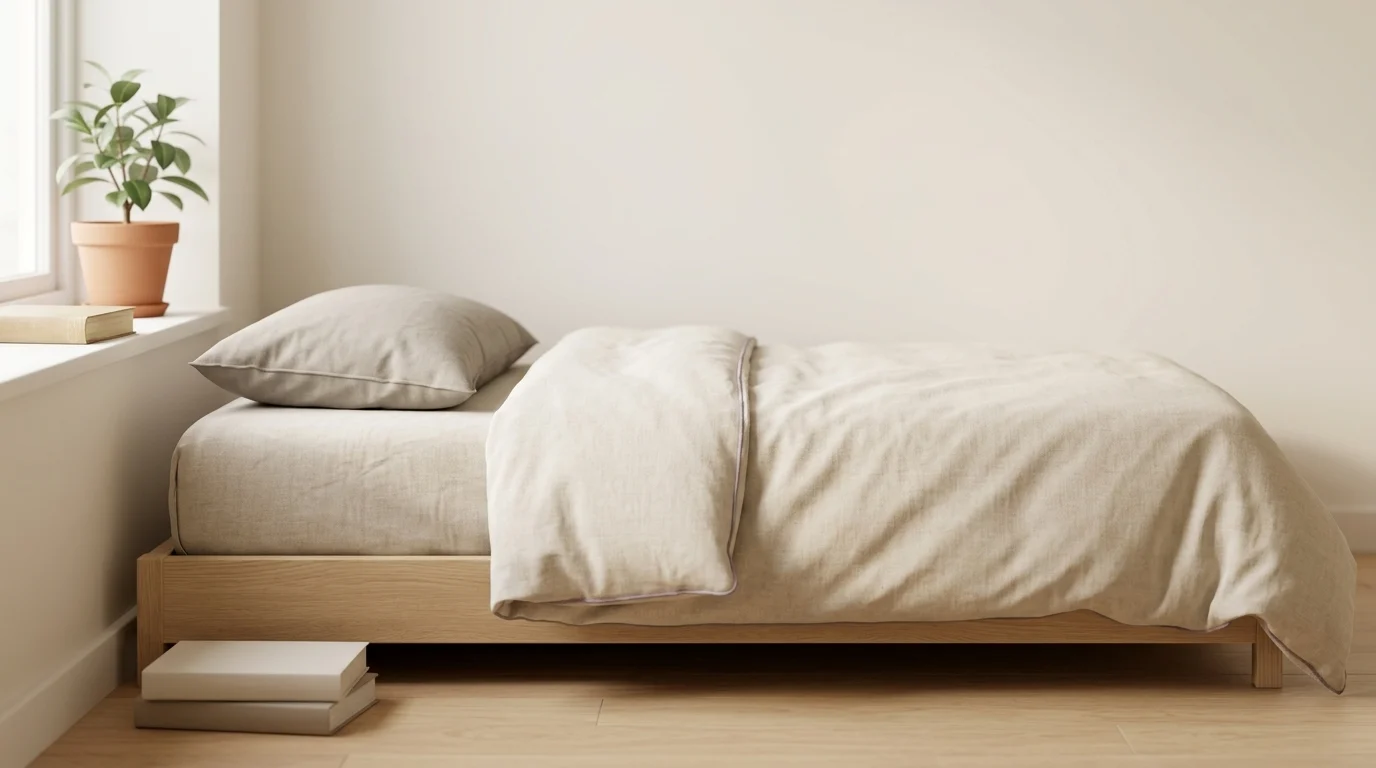 A low timber bed with plain linen bedding in a small, bright, sparsely furnished bedroom