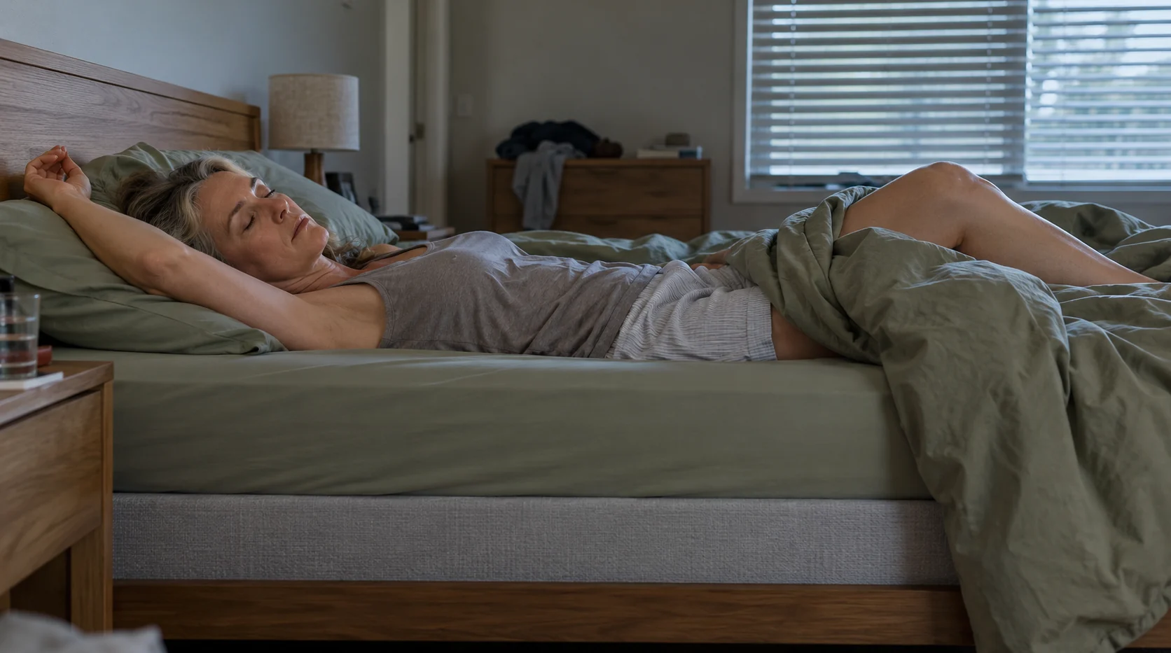 A woman asleep on her back on olive-green sheets, one arm above her head and the duvet pushed down to her knees