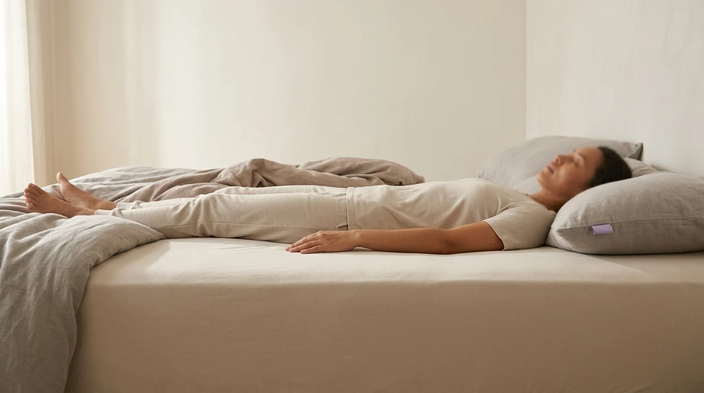 A person asleep on their back with the body level and evenly supported across the mattress