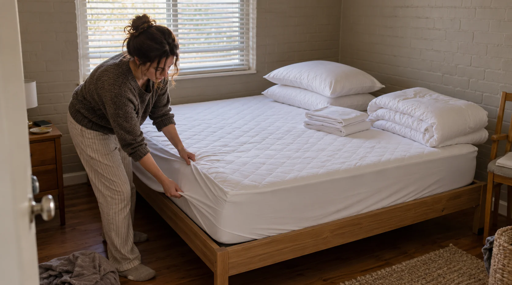A woman fitting a quilted protector over a mattress, with new pillows, a folded sheet set and a folded duvet laid out beside it