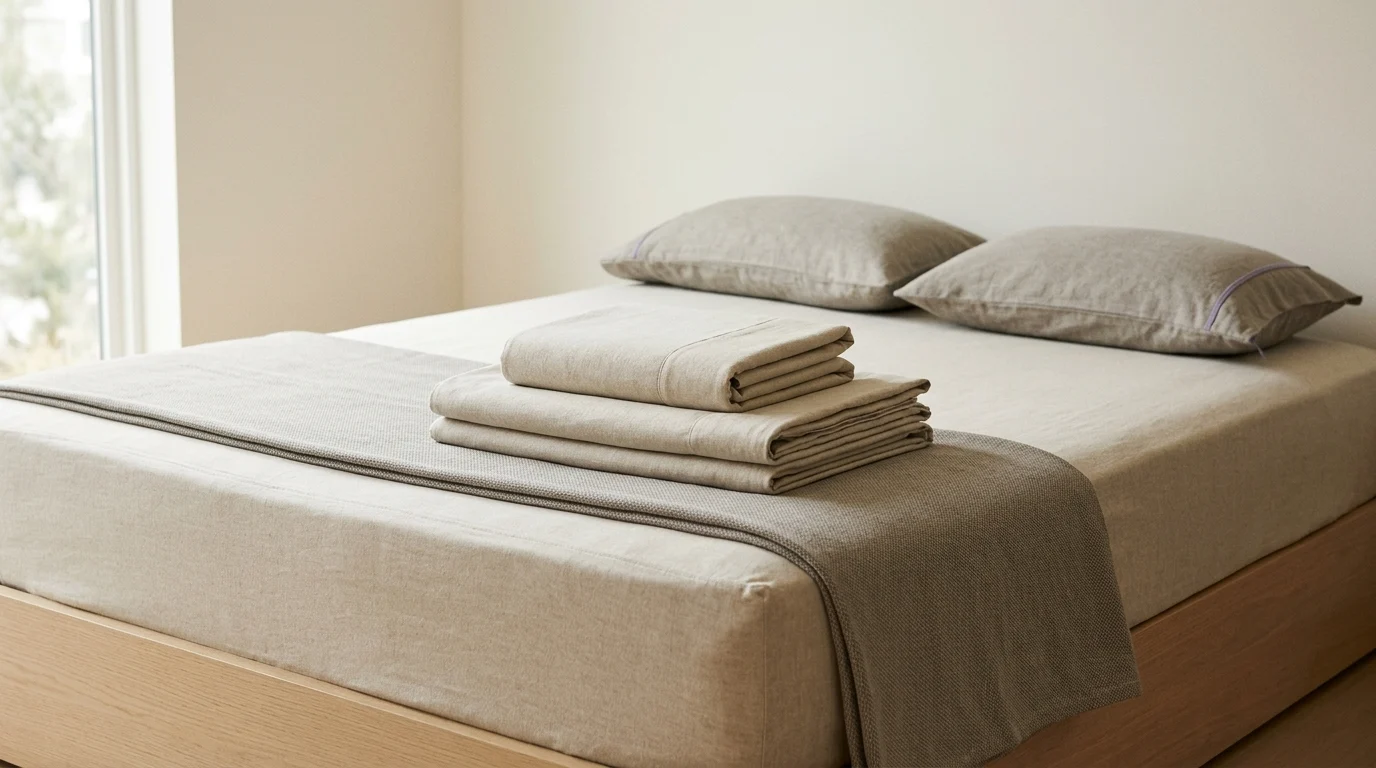 A made bed with two pillows and a folded sheet set and protector stacked on the mattress