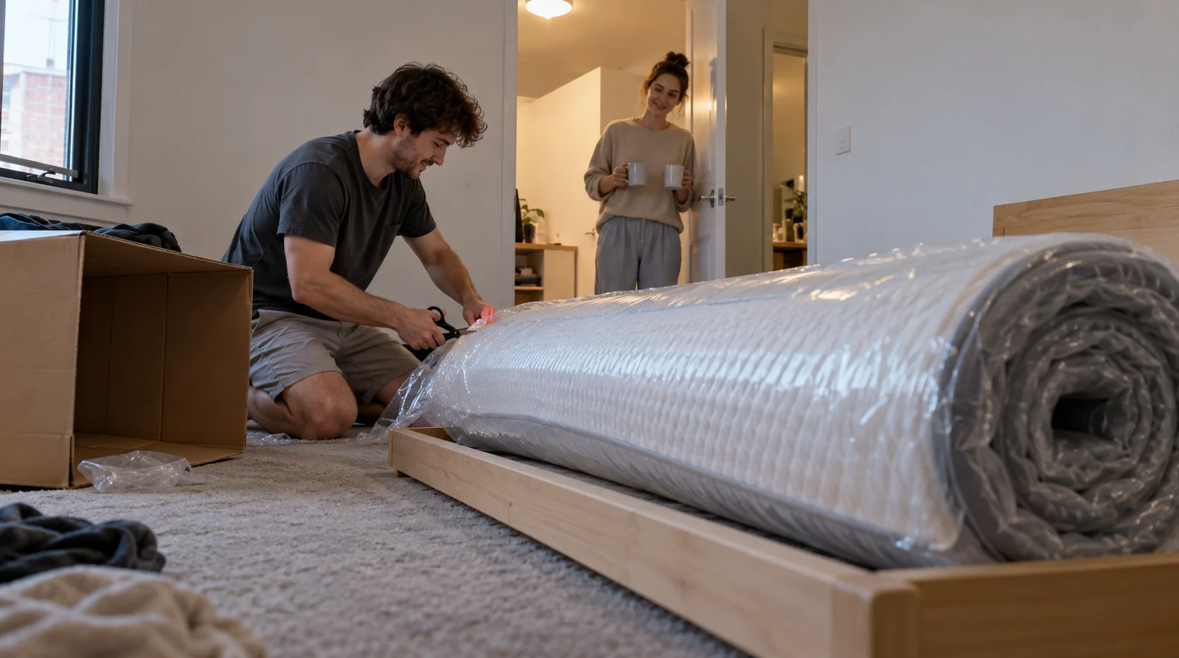 A man cutting the plastic off a rolled-up mattress on a timber bed base while his partner watches from the doorway
