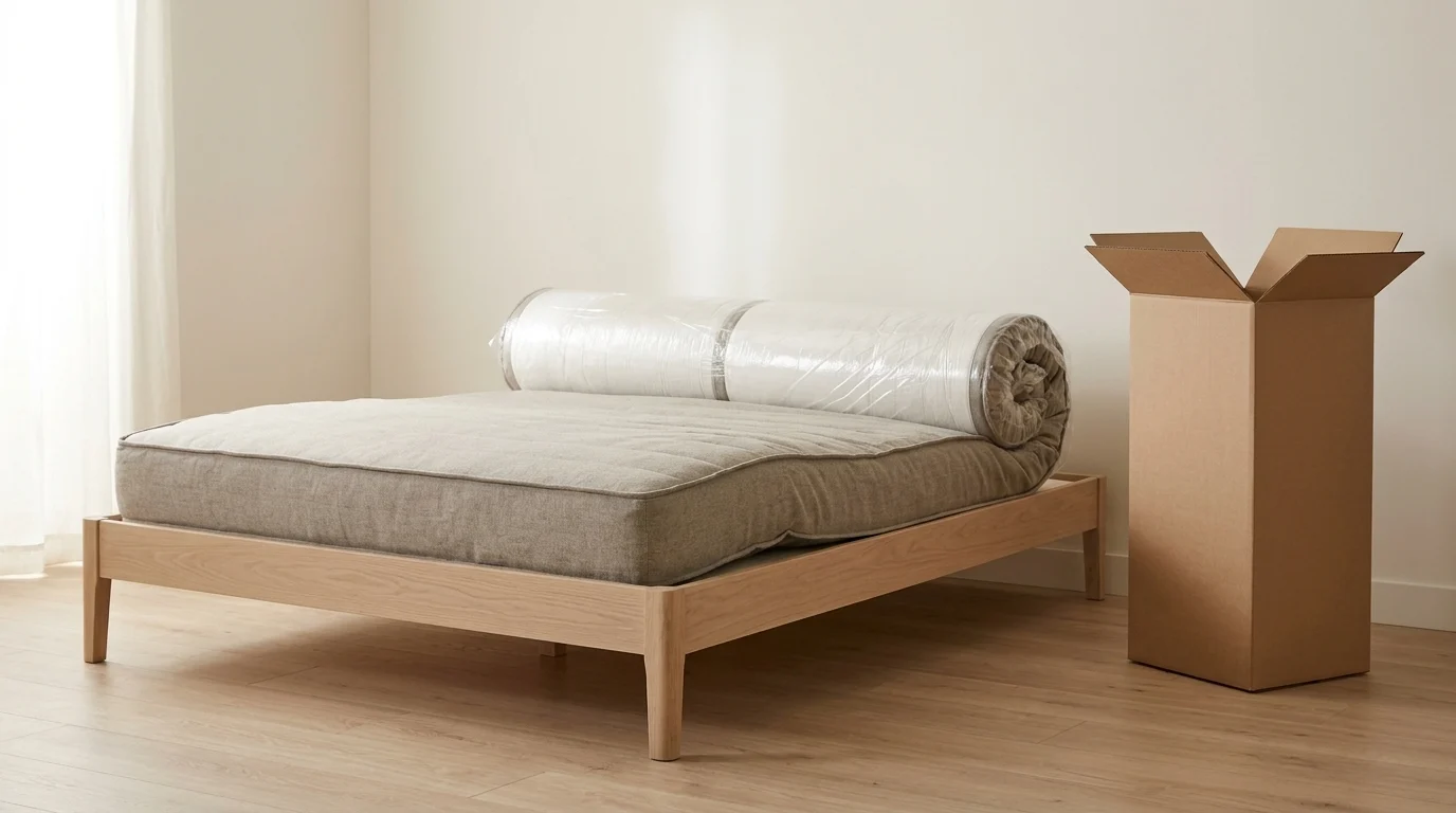 A mattress half unrolled on a bare timber bed frame beside a plain open carton