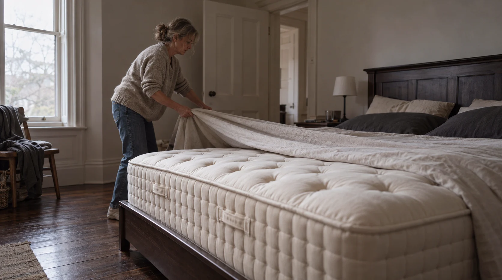 A woman pulling a linen sheet over a tall hand-tufted mattress with a deep stitched side border