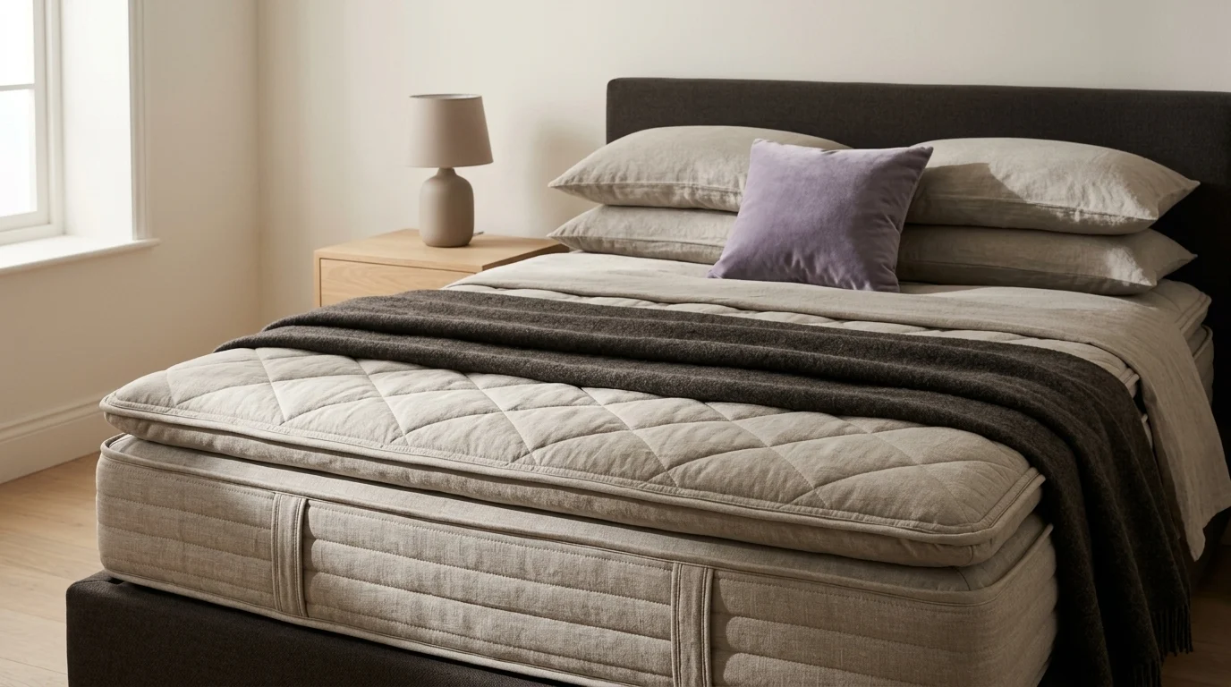 A deep quilted pillow-top mattress on a bed with a dark upholstered headboard and layered linen