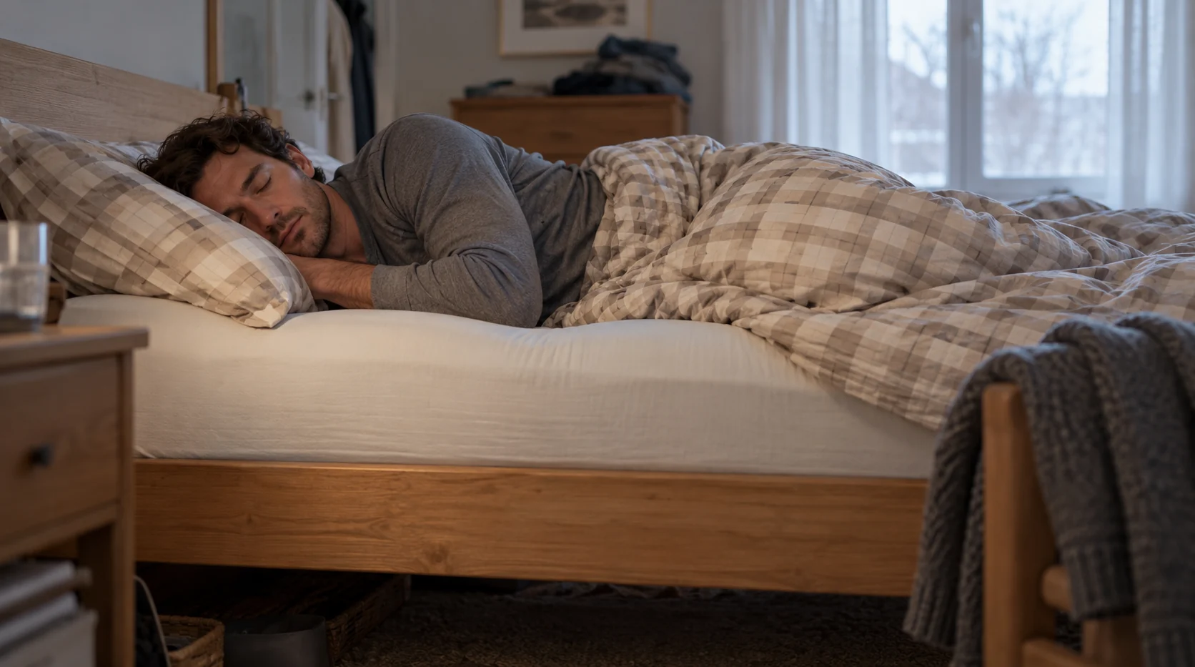 A man asleep on his side under a checked flannel duvet, his shoulder sinking into the mattress
