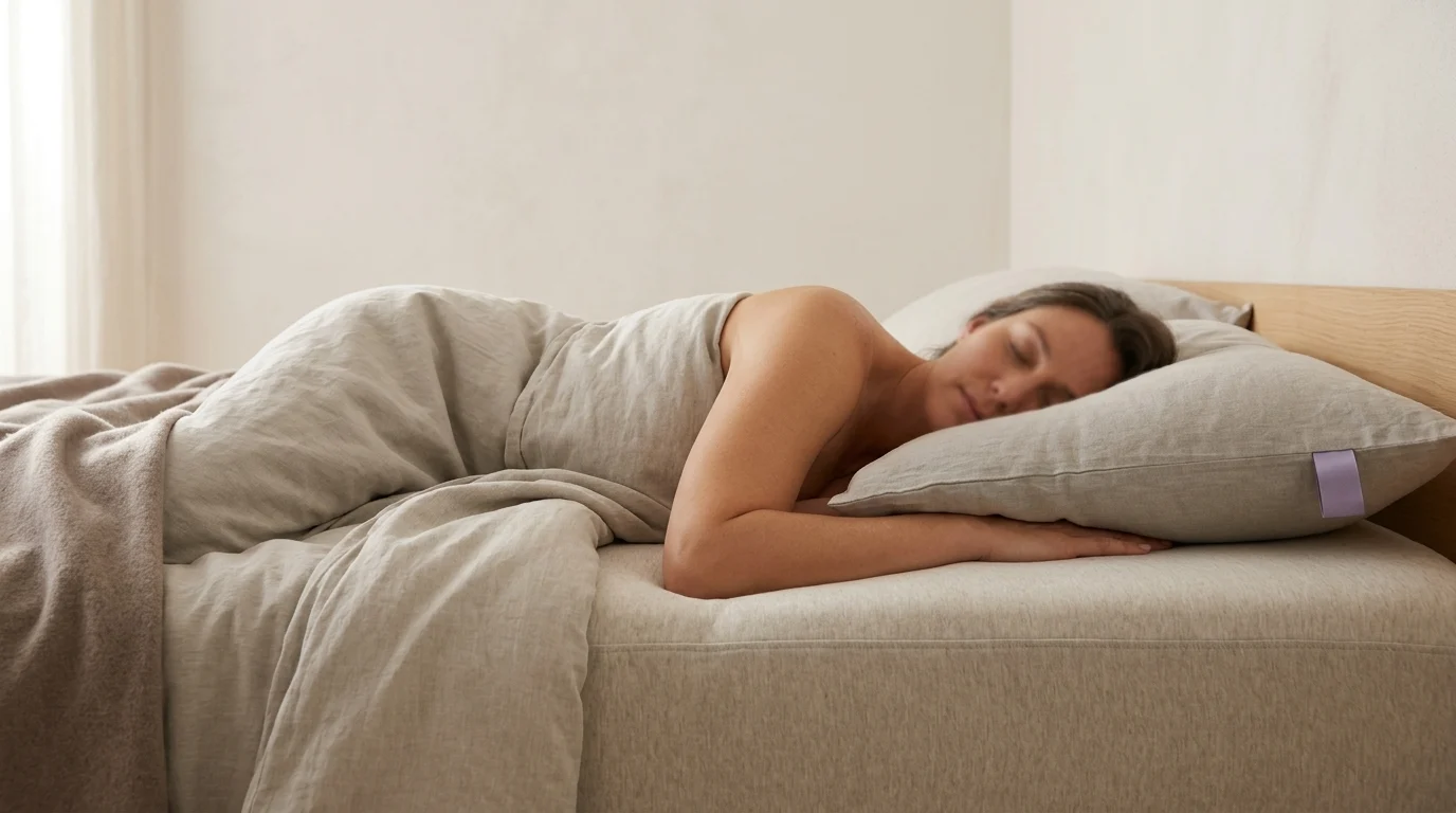 A side sleeper with the shoulder sinking into the mattress and the head supported on a pillow
