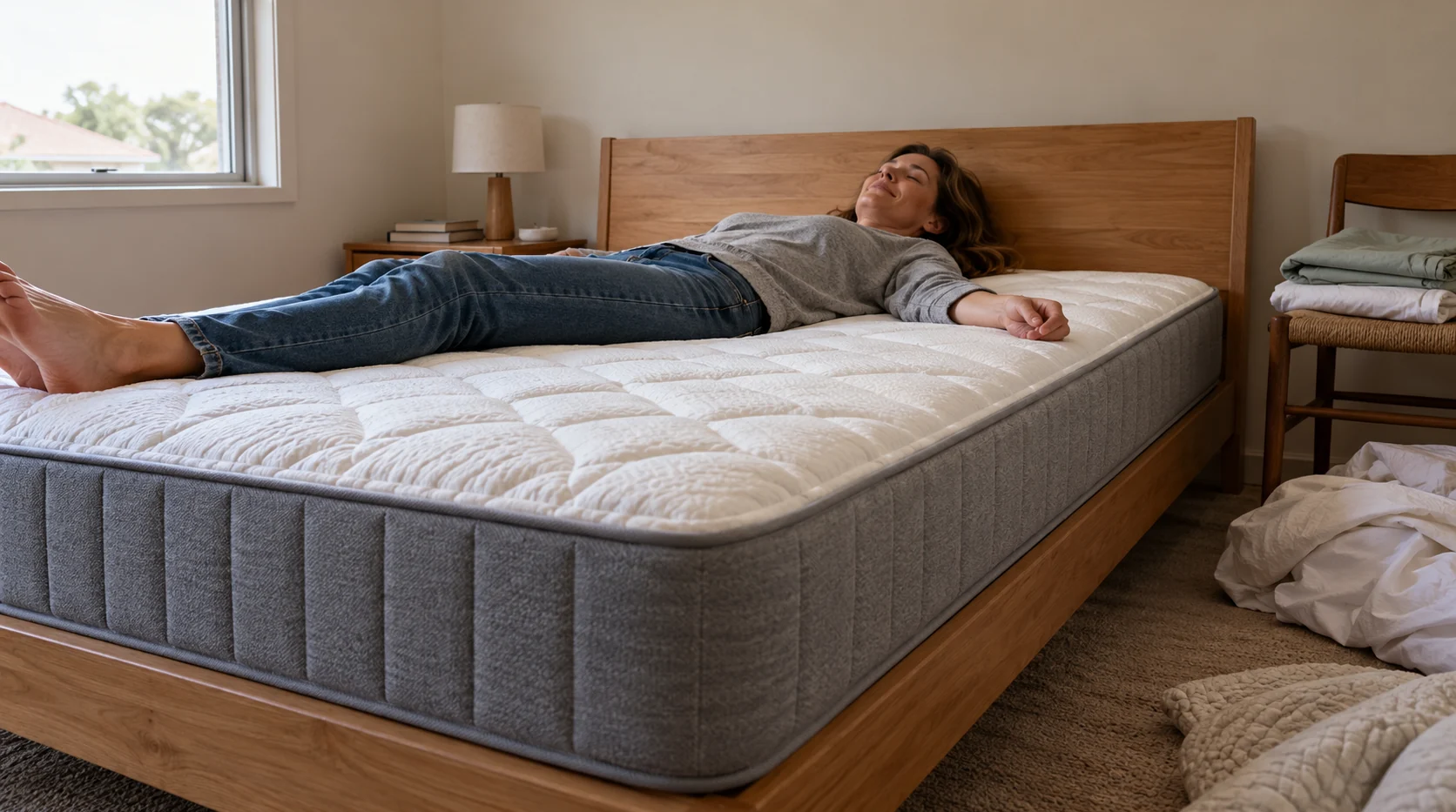 A woman lying back with her eyes closed on a new, uncovered mattress with a quilted top, on a timber bed frame
