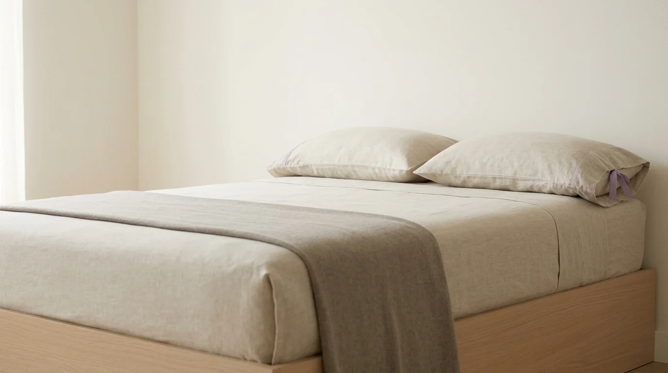 A neatly made bed with oatmeal linen and two pillows in a plain, bright bedroom