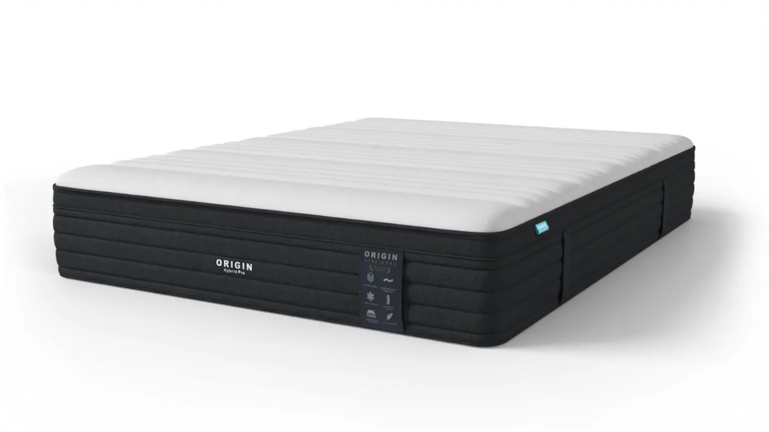 The Origin Hybrid Pro mattress on a plain background, showing the white quilted top and charcoal side panel with the Origin Hybrid Pro label.