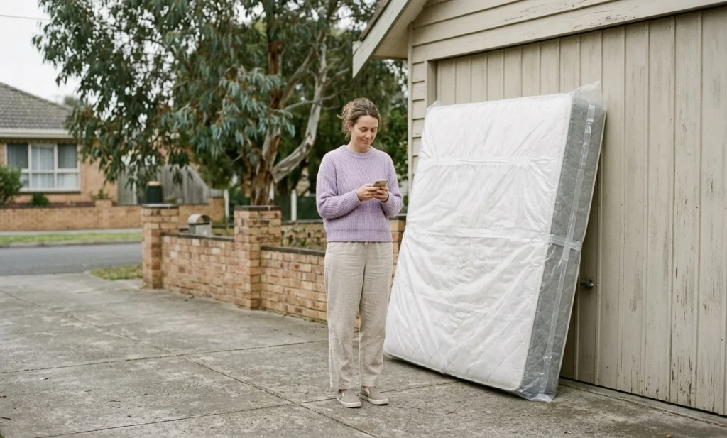 A woman checks her phone on a suburban driveway beside an old mattress sealed in a clear plastic bag and leaning against the garage door.