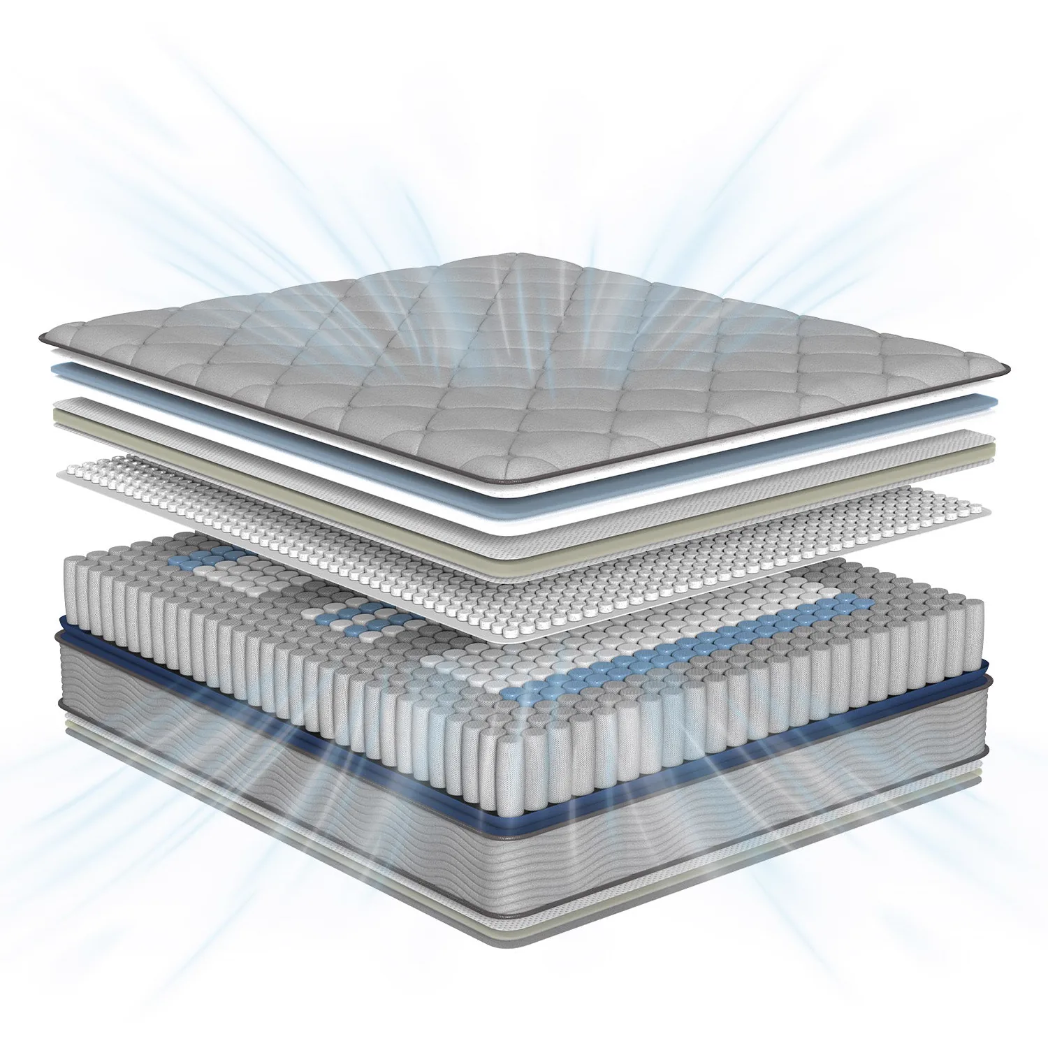 Exploded view of the Newentor Hybrid Mattress Pro, showing its grey quilted top and thin comfort layers stacked above a pocket spring core.